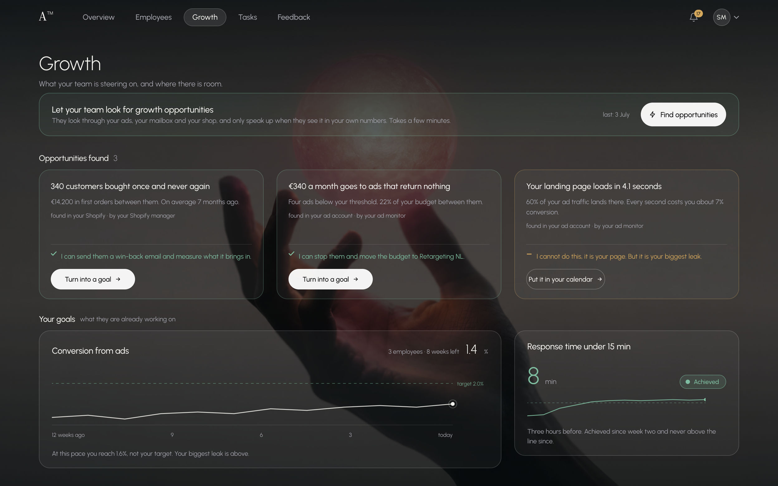 The Growth view in the dashboard, with three found opportunities and the goals below