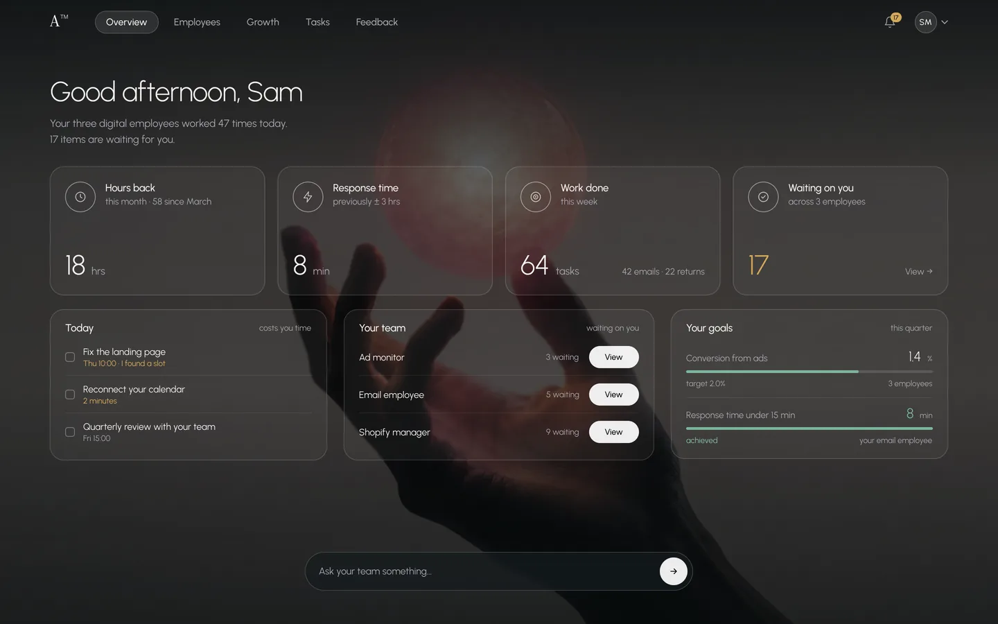 The AImplement dashboard showing hours given back, work done and the decisions waiting for you.